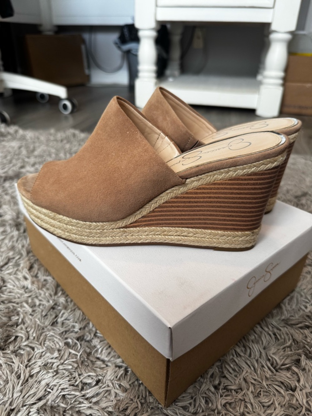 Jessica Simpson Tan Suede Espadrille Wedge Mules